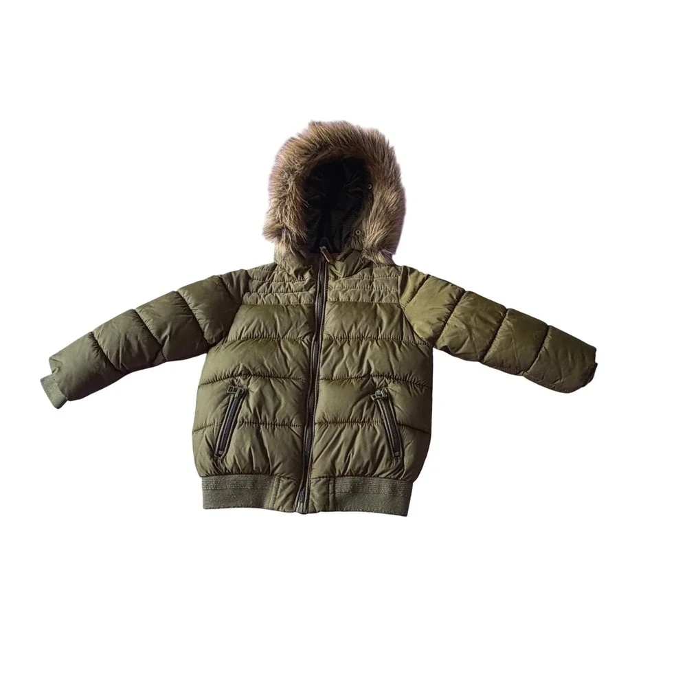 Zara Boys Olive Green Puffer Jacket Faux Fur Hood Quilted Winter Coat Size 4 104